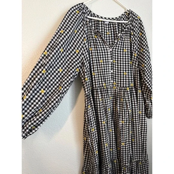 Old Navy Gingham Floral Embroidered Tiered Midi Dress Black White Yellow size XL - Picture 5 of 10